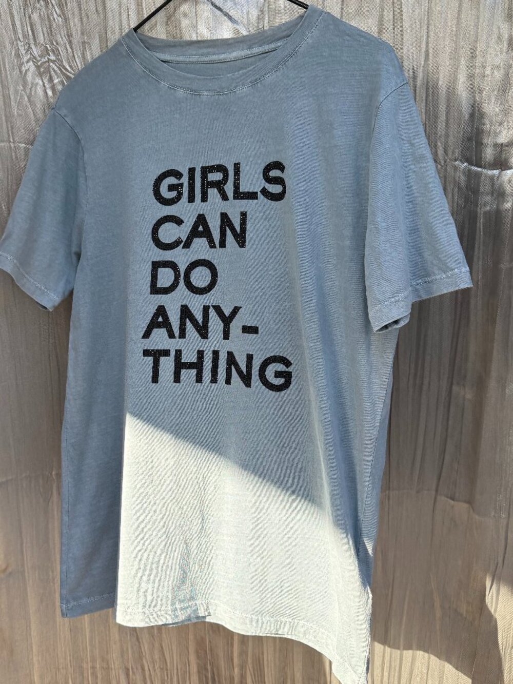 Zadig & Voltaire "Girls Can Do Anything" shimmer lettering periwinkle blue top